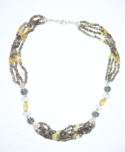 Natural Smoky Quartz Citrine Necklace Set, Handmade Multi Strand Beaded Statement Jewelry, Boho Crystal Dangle Earring Set Gift For Her, BL-4591