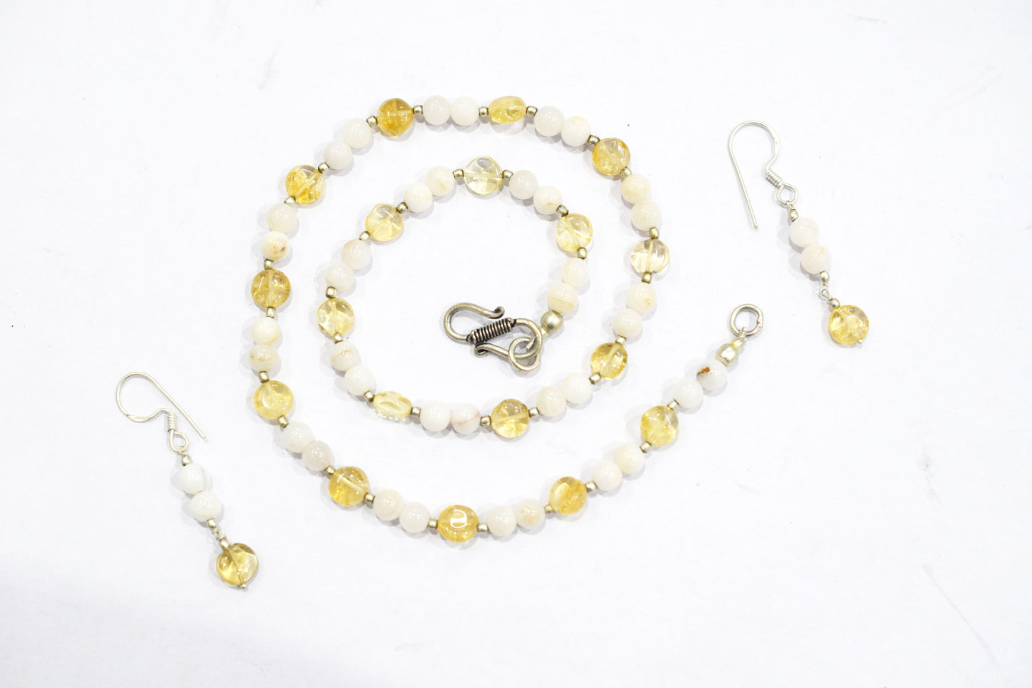 Natural Citrine White Agate Necklace Set, Handmade Beaded Minimalist Layering Jewelry, Boho Yellow Crystal Dangle Earring Set Gift For Her, BL-4592
