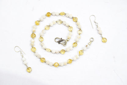 Natural Citrine White Agate Necklace Set, Handmade Beaded Minimalist Layering Jewelry, Boho Yellow Crystal Dangle Earring Set Gift For Her, BL-4592