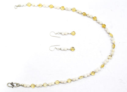 Natural Citrine White Agate Necklace Set, Handmade Beaded Minimalist Layering Jewelry, Boho Yellow Crystal Dangle Earring Set Gift For Her, BL-4592