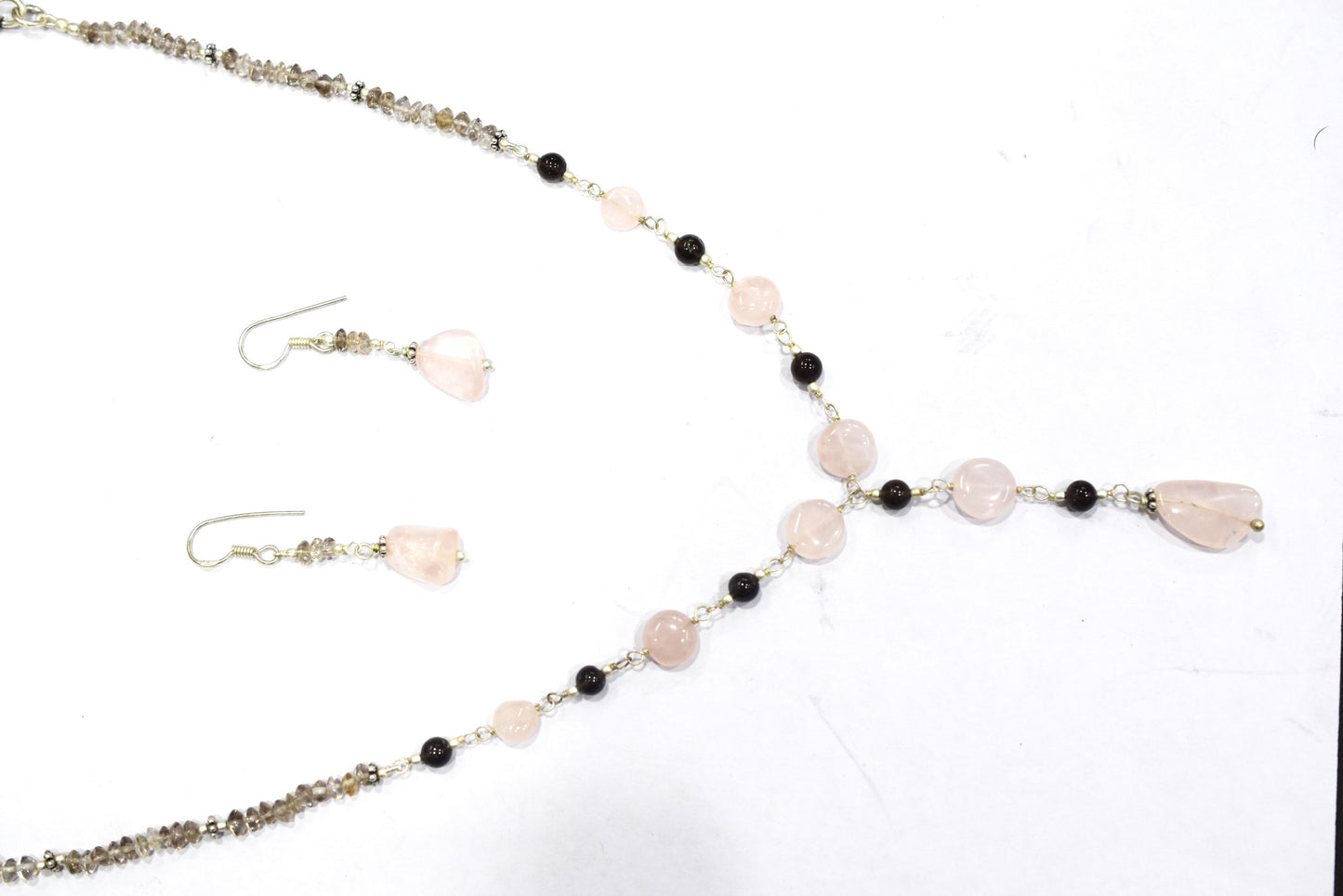 Natural Rose Quartz Smoky Quartz Necklace Set, Handmade Beaded Y Drop Statement Jewelry, Boho Pink Crystal Dangle Earring Set Gift For Her, BL-4594