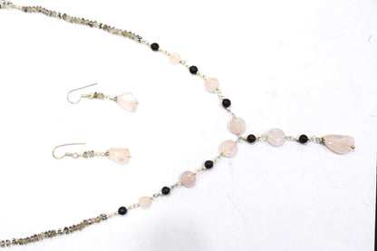 Natural Rose Quartz Smoky Quartz Necklace Set, Handmade Beaded Y Drop Statement Jewelry, Boho Pink Crystal Dangle Earring Set Gift For Her, BL-4594