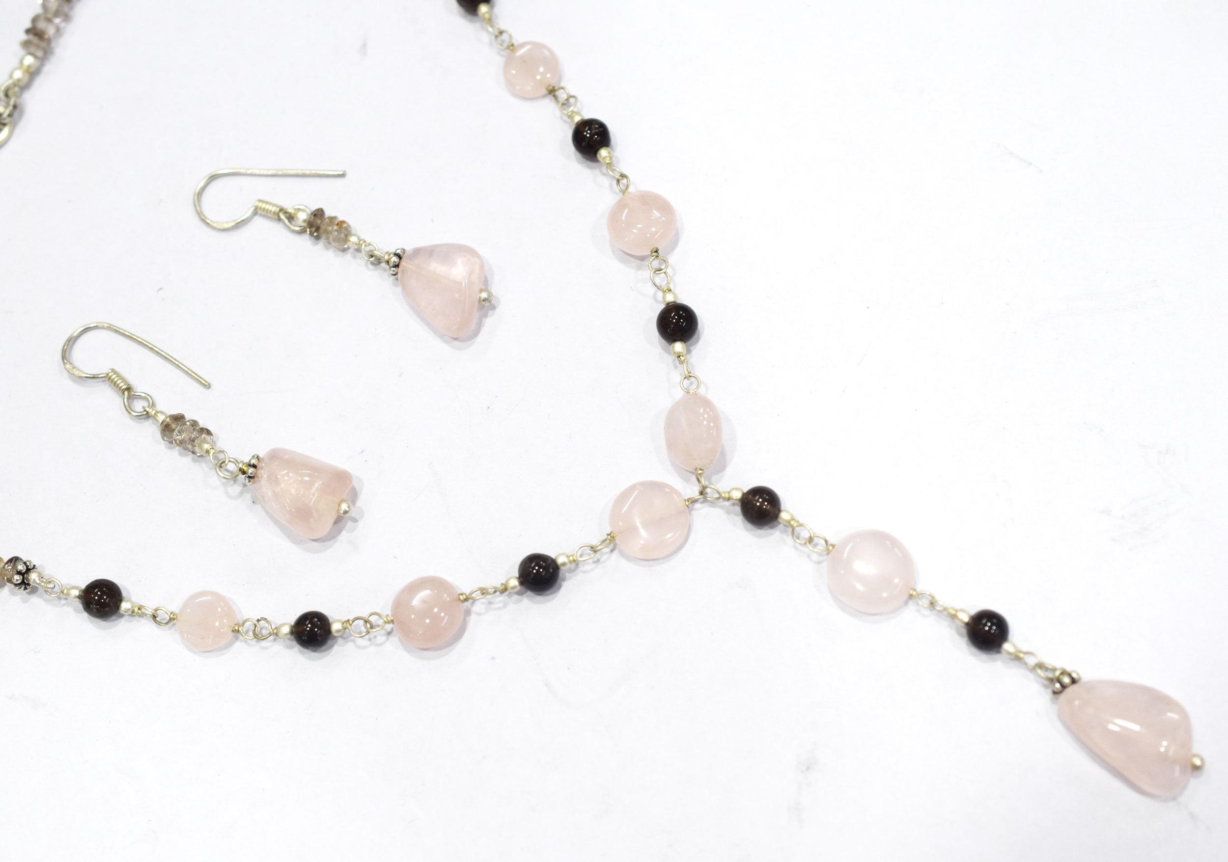 Natural Rose Quartz Smoky Quartz Necklace Set, Handmade Beaded Y Drop Statement Jewelry, Boho Pink Crystal Dangle Earring Set Gift For Her, BL-4594