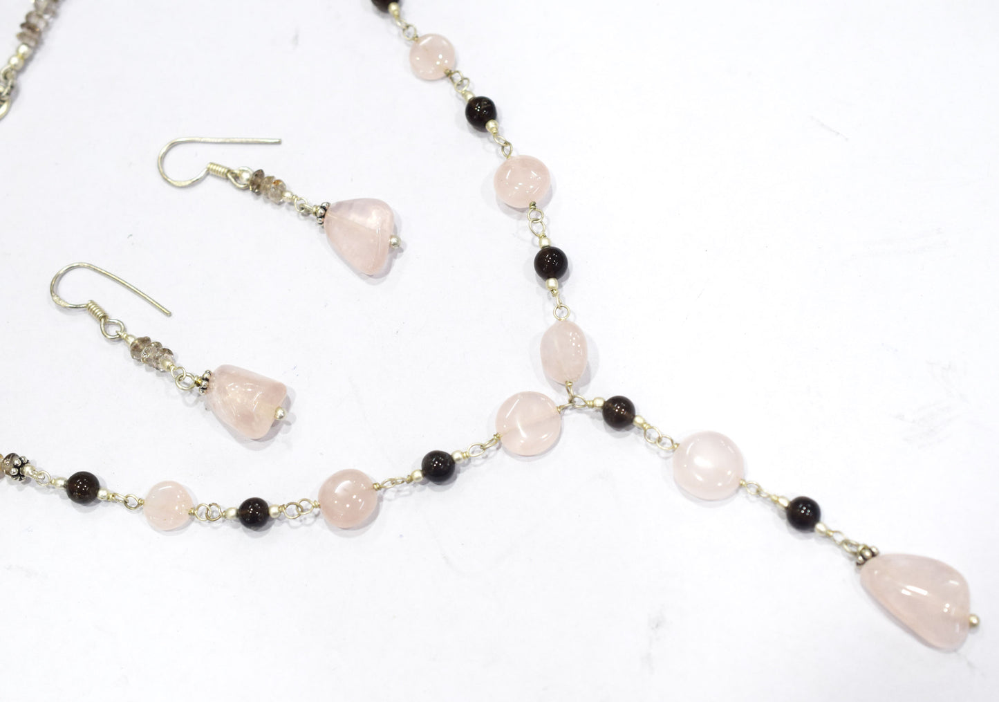 Natural Rose Quartz Smoky Quartz Necklace Set, Handmade Beaded Y Drop Statement Jewelry, Boho Pink Crystal Dangle Earring Set Gift For Her, BL-4594