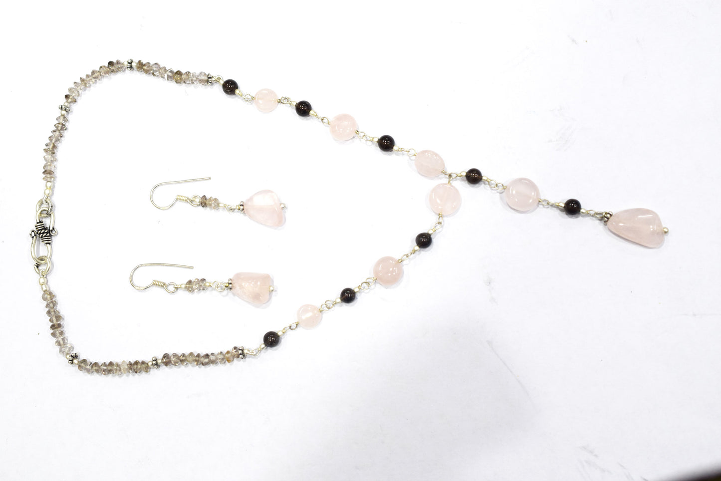 Natural Rose Quartz Smoky Quartz Necklace Set, Handmade Beaded Y Drop Statement Jewelry, Boho Pink Crystal Dangle Earring Set Gift For Her, BL-4594