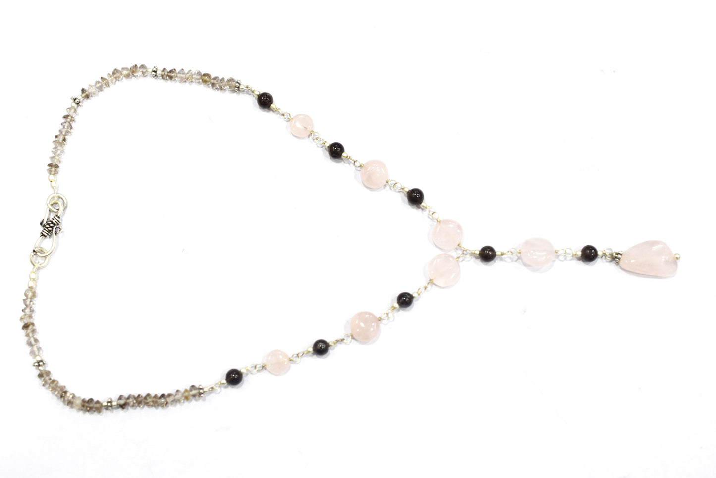 Natural Rose Quartz Smoky Quartz Necklace Set, Handmade Beaded Y Drop Statement Jewelry, Boho Pink Crystal Dangle Earring Set Gift For Her, BL-4594