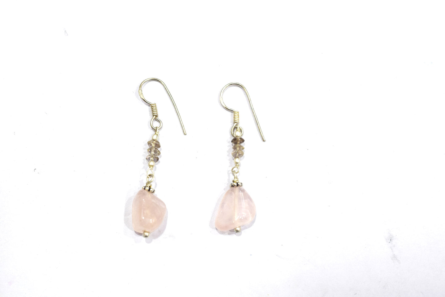 Natural Rose Quartz Smoky Quartz Necklace Set, Handmade Beaded Y Drop Statement Jewelry, Boho Pink Crystal Dangle Earring Set Gift For Her, BL-4594