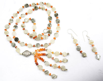 Natural Rutilated Quartz Carnelian Necklace Set, Handmade Beaded Tassel Statement Jewelry, Boho Orange Crystal Dangle Earring Set Gift For Her, BL-4595
