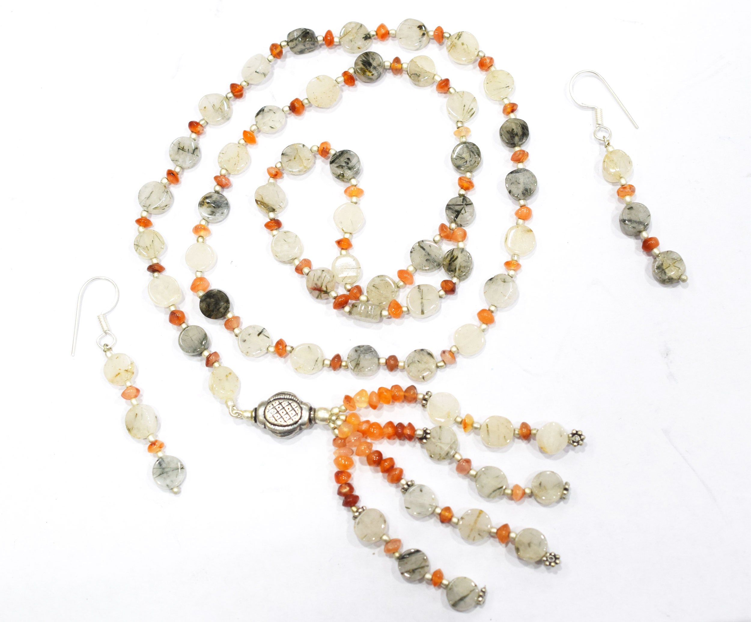Natural Rutilated Quartz Carnelian Necklace Set, Handmade Beaded Tassel Statement Jewelry, Boho Orange Crystal Dangle Earring Set Gift For Her, BL-4595
