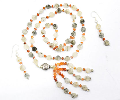 Natural Rutilated Quartz Carnelian Necklace Set, Handmade Beaded Tassel Statement Jewelry, Boho Orange Crystal Dangle Earring Set Gift For Her, BL-4595