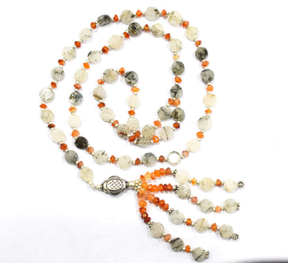 Natural Rutilated Quartz Carnelian Necklace Set, Handmade Beaded Tassel Statement Jewelry, Boho Orange Crystal Dangle Earring Set Gift For Her, BL-4595