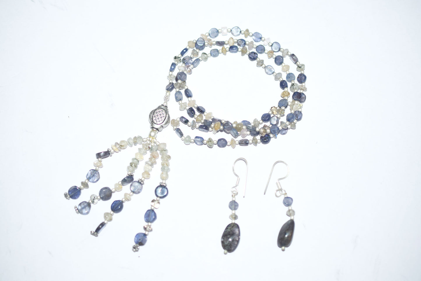 Natural Iolite Labradorite Necklace Set, Handmade Beaded Tassel Statement Jewelry, Boho Blue Grey Crystal Dangle Earring Set Gift For Her, BL-4596