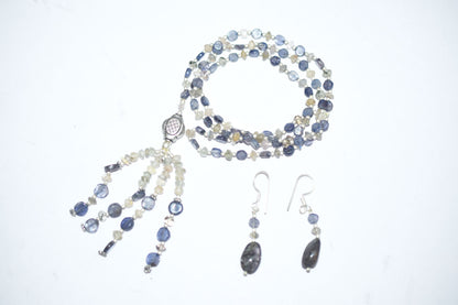 Natural Iolite Labradorite Necklace Set, Handmade Beaded Tassel Statement Jewelry, Boho Blue Grey Crystal Dangle Earring Set Gift For Her, BL-4596