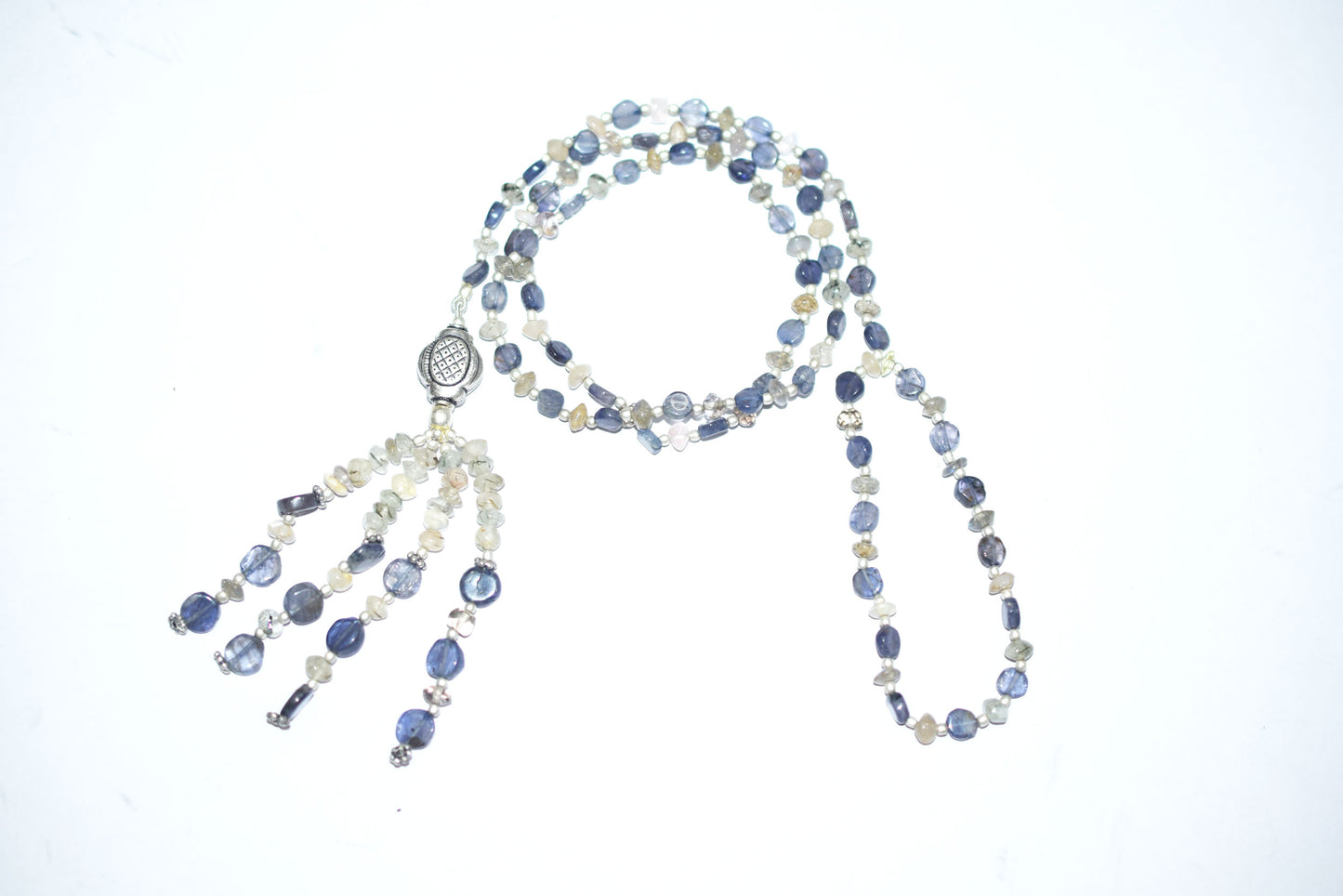 Natural Iolite Labradorite Necklace Set, Handmade Beaded Tassel Statement Jewelry, Boho Blue Grey Crystal Dangle Earring Set Gift For Her, BL-4596