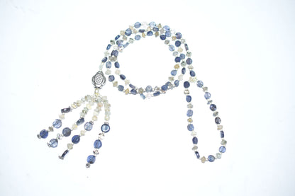 Natural Iolite Labradorite Necklace Set, Handmade Beaded Tassel Statement Jewelry, Boho Blue Grey Crystal Dangle Earring Set Gift For Her, BL-4596