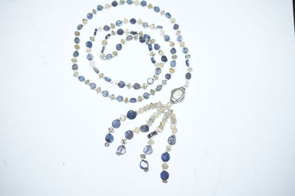 Natural Iolite Labradorite Necklace Set, Handmade Beaded Tassel Statement Jewelry, Boho Blue Grey Crystal Dangle Earring Set Gift For Her, BL-4596
