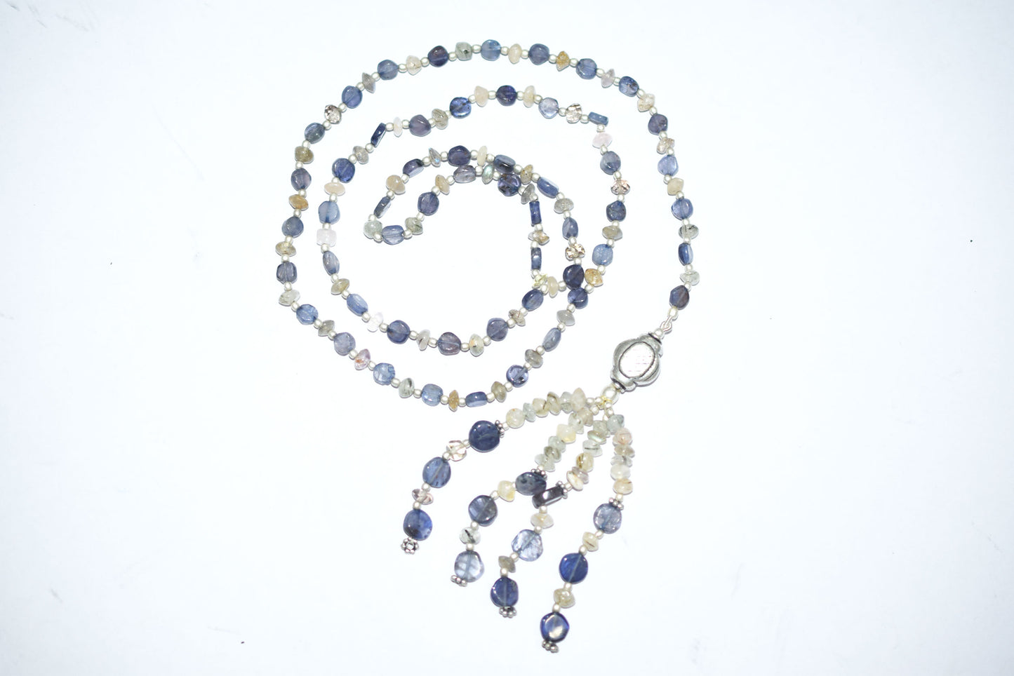 Natural Iolite Labradorite Necklace Set, Handmade Beaded Tassel Statement Jewelry, Boho Blue Grey Crystal Dangle Earring Set Gift For Her, BL-4596