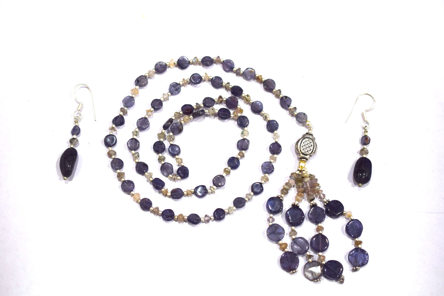 Natural Iolite Smoky Quartz Necklace Set, Handmade Beaded Tassel Statement Jewelry, Boho Deep Purple Crystal Dangle Earring Set Gift For Her, BL-4597