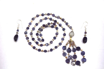 Natural Iolite Smoky Quartz Necklace Set, Handmade Beaded Tassel Statement Jewelry, Boho Deep Purple Crystal Dangle Earring Set Gift For Her, BL-4597