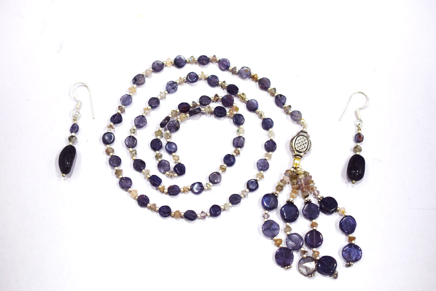 Natural Iolite Smoky Quartz Necklace Set, Handmade Beaded Tassel Statement Jewelry, Boho Deep Purple Crystal Dangle Earring Set Gift For Her, BL-4597