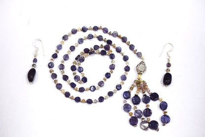 Natural Iolite Smoky Quartz Necklace Set, Handmade Beaded Tassel Statement Jewelry, Boho Deep Purple Crystal Dangle Earring Set Gift For Her, BL-4597