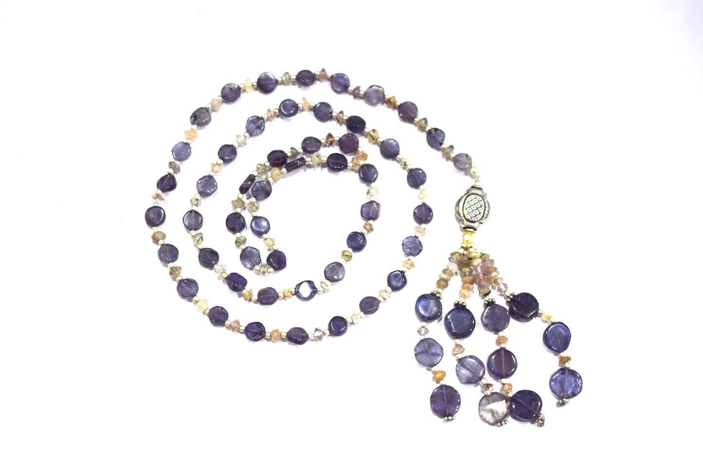 Natural Iolite Smoky Quartz Necklace Set, Handmade Beaded Tassel Statement Jewelry, Boho Deep Purple Crystal Dangle Earring Set Gift For Her, BL-4597