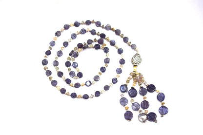Natural Iolite Smoky Quartz Necklace Set, Handmade Beaded Tassel Statement Jewelry, Boho Deep Purple Crystal Dangle Earring Set Gift For Her, BL-4597