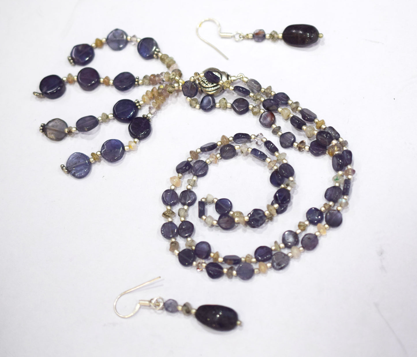 Natural Iolite Smoky Quartz Necklace Set, Handmade Beaded Tassel Statement Jewelry, Boho Deep Purple Crystal Dangle Earring Set Gift For Her, BL-4597