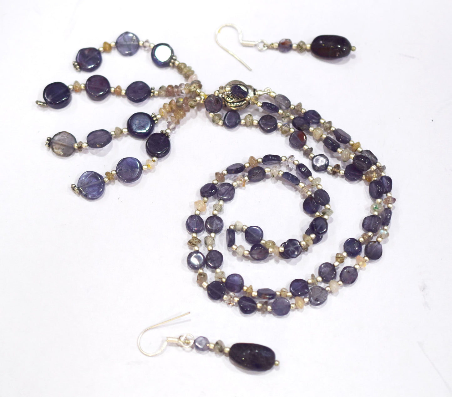 Natural Iolite Smoky Quartz Necklace Set, Handmade Beaded Tassel Statement Jewelry, Boho Deep Purple Crystal Dangle Earring Set Gift For Her, BL-4597
