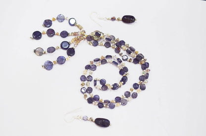 Natural Iolite Smoky Quartz Necklace Set, Handmade Beaded Tassel Statement Jewelry, Boho Deep Purple Crystal Dangle Earring Set Gift For Her, BL-4597