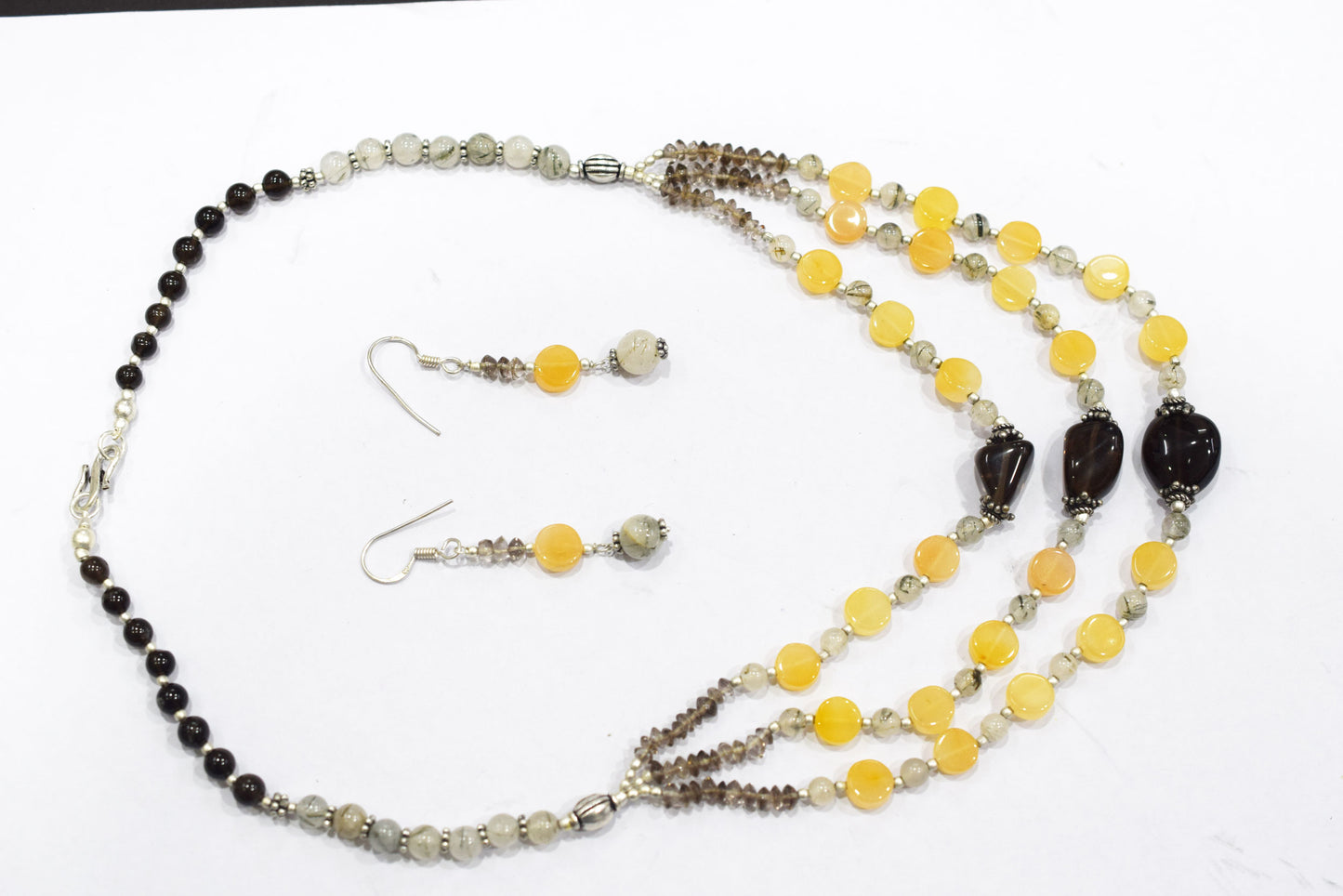 Natural Yellow Aventurine Smoky Quartz Necklace, Handmade Three Strand Beaded Statement Jewelry, Boho Asymmetric Crystal Bib Necklace Gift For Her, BL-4599
