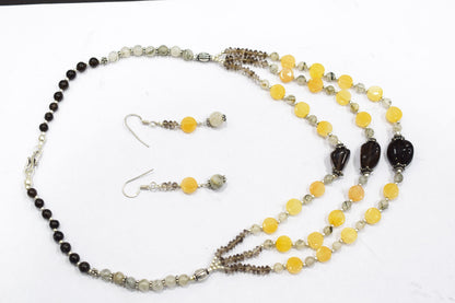 Natural Yellow Aventurine Smoky Quartz Necklace, Handmade Three Strand Beaded Statement Jewelry, Boho Asymmetric Crystal Bib Necklace Gift For Her, BL-4599