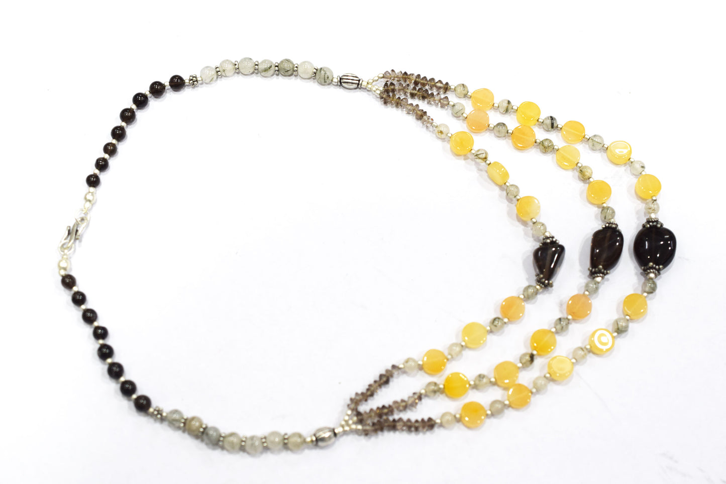 Natural Yellow Aventurine Smoky Quartz Necklace, Handmade Three Strand Beaded Statement Jewelry, Boho Asymmetric Crystal Bib Necklace Gift For Her, BL-4599
