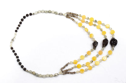 Natural Yellow Aventurine Smoky Quartz Necklace, Handmade Three Strand Beaded Statement Jewelry, Boho Asymmetric Crystal Bib Necklace Gift For Her, BL-4599