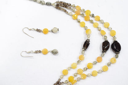 Natural Yellow Aventurine Smoky Quartz Necklace, Handmade Three Strand Beaded Statement Jewelry, Boho Asymmetric Crystal Bib Necklace Gift For Her, BL-4599