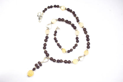Natural Citrine Smoky Quartz Necklace Set, Handmade Beaded Y Drop Statement Jewelry, Boho Yellow Jade Dangle Earring Set Gift For Her, BL-4600