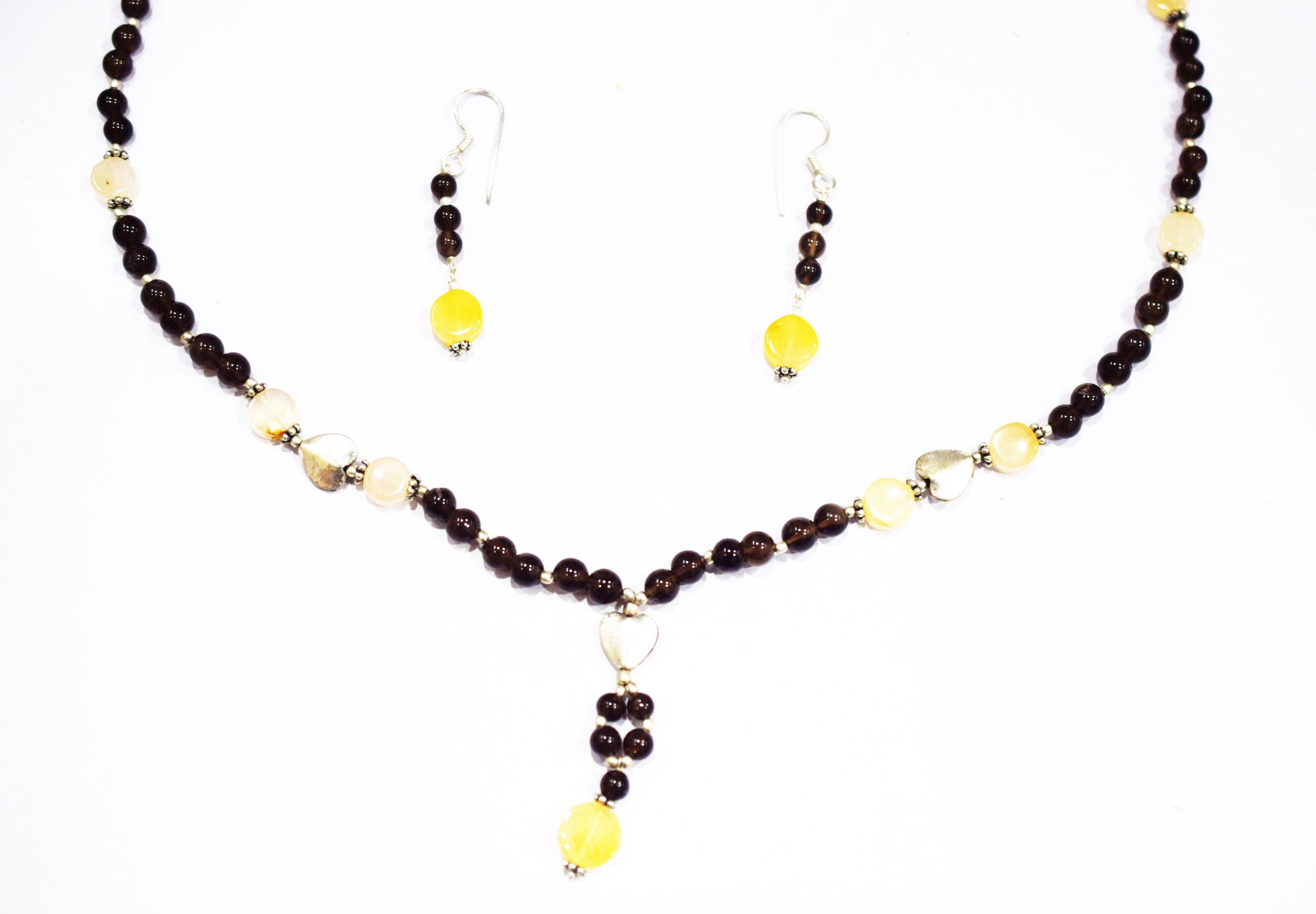 Natural  Smoky Yellow Aventurine Necklace Set, Handmade Beaded Y Drop Statement Jewelry, Boho Yellow Jade Dangle Earring Set Gift For Her, BL-4600