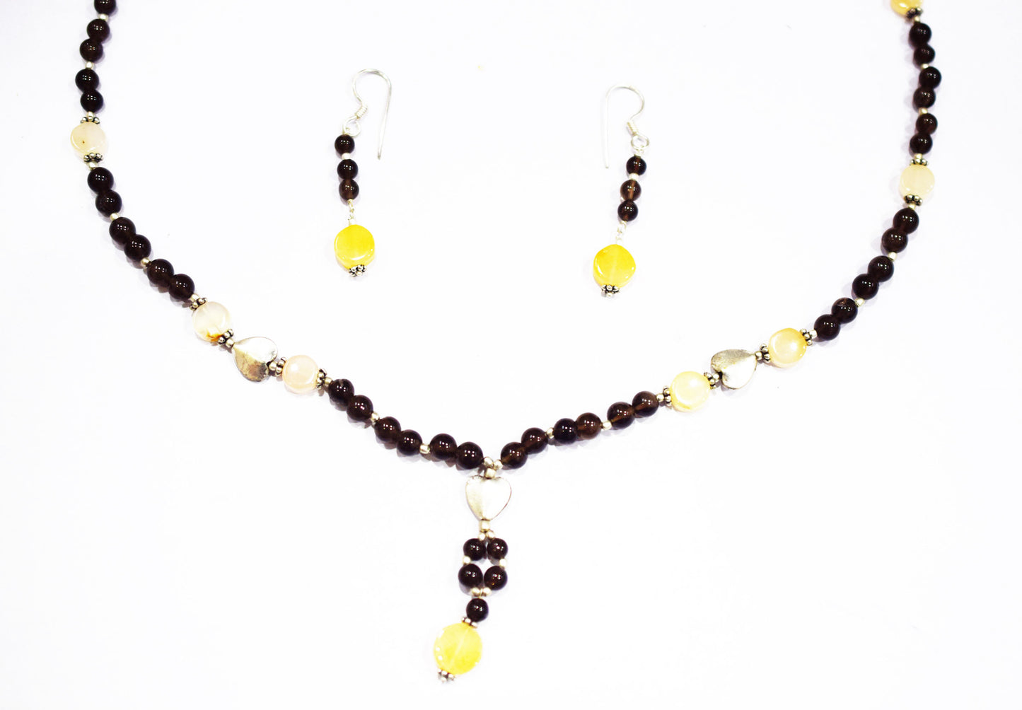 Natural Citrine Smoky Quartz Necklace Set, Handmade Beaded Y Drop Statement Jewelry, Boho Yellow Jade Dangle Earring Set Gift For Her, BL-4600