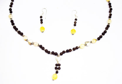 Natural Citrine Smoky Quartz Necklace Set, Handmade Beaded Y Drop Statement Jewelry, Boho Yellow Jade Dangle Earring Set Gift For Her, BL-4600