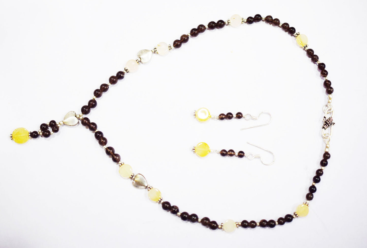 Natural Citrine Smoky Quartz Necklace Set, Handmade Beaded Y Drop Statement Jewelry, Boho Yellow Jade Dangle Earring Set Gift For Her, BL-4600