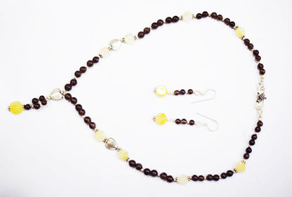 Natural Citrine Smoky Quartz Necklace Set, Handmade Beaded Y Drop Statement Jewelry, Boho Yellow Jade Dangle Earring Set Gift For Her, BL-4600