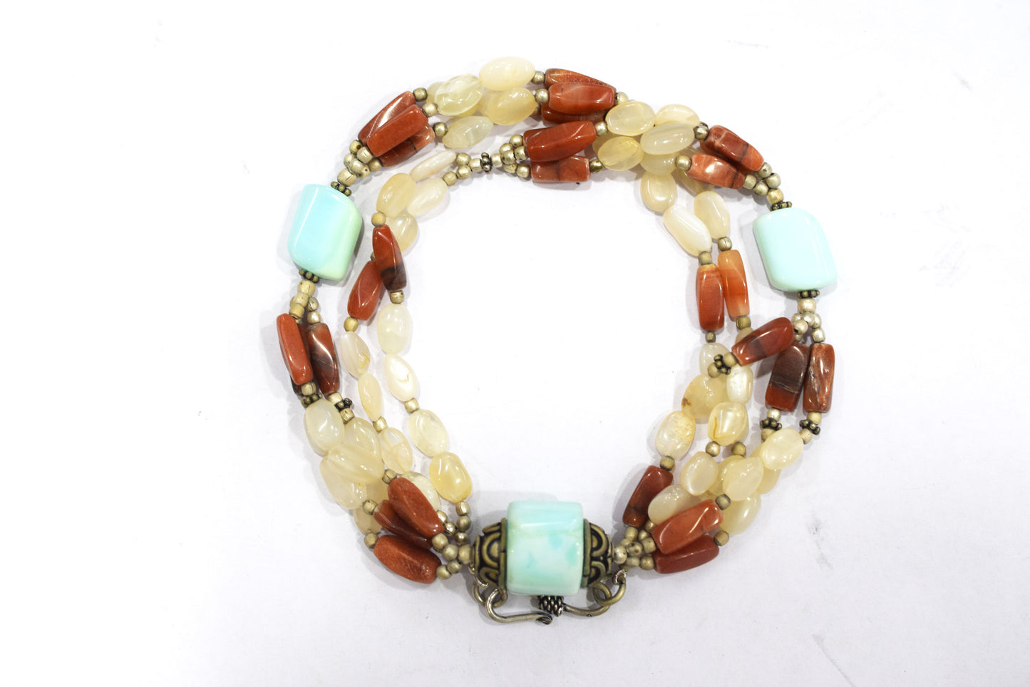 Natural Amazonite Carnelian Necklace Set, Handmade Multi Strand Beaded Statement Jewelry, Boho White Agate Dangle Earring Set Gift For Her, BL-4601
