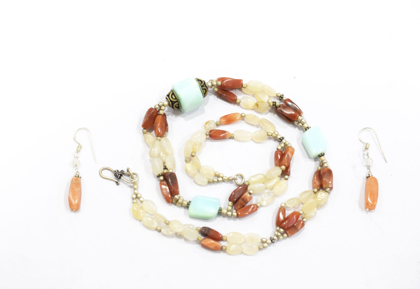 Natural Amazonite Carnelian Necklace Set, Handmade Multi Strand Beaded Statement Jewelry, Boho White Agate Dangle Earring Set Gift For Her, BL-4601