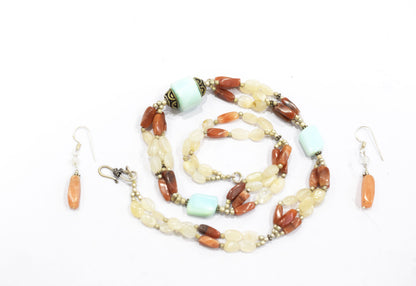 Natural Amazonite Carnelian Necklace Set, Handmade Multi Strand Beaded Statement Jewelry, Boho White Agate Dangle Earring Set Gift For Her, BL-4601
