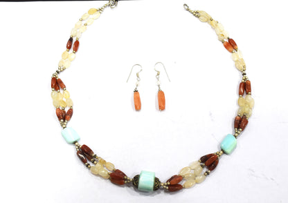 Natural Amazonite Carnelian Necklace Set, Handmade Multi Strand Beaded Statement Jewelry, Boho White Agate Dangle Earring Set Gift For Her, BL-4601