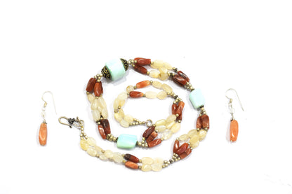 Natural Amazonite Carnelian Necklace Set, Handmade Multi Strand Beaded Statement Jewelry, Boho White Agate Dangle Earring Set Gift For Her, BL-4601
