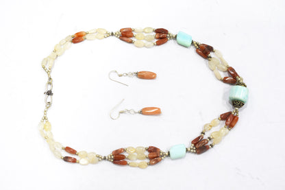 Natural Amazonite Carnelian Necklace Set, Handmade Multi Strand Beaded Statement Jewelry, Boho White Agate Dangle Earring Set Gift For Her, BL-4601