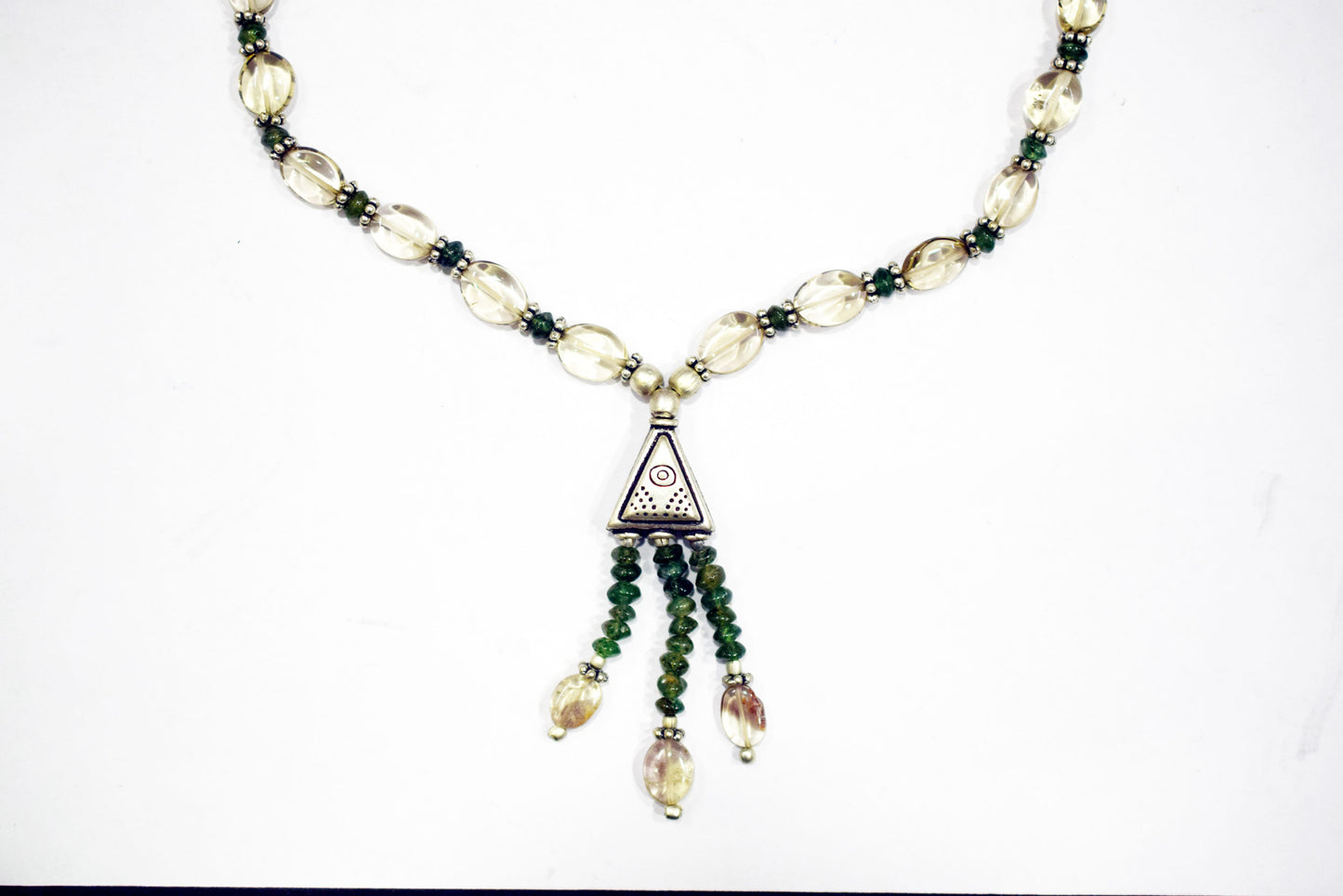 Natural Green Tourmaline Rutilated Quartz Necklace Set, Handmade Beaded Tassel Statement Jewelry, Boho Triangle Pendant Earring Set Gift For Her, BL-4602