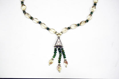 Natural Green Tourmaline Rutilated Quartz Necklace Set, Handmade Beaded Tassel Statement Jewelry, Boho Triangle Pendant Earring Set Gift For Her, BL-4602