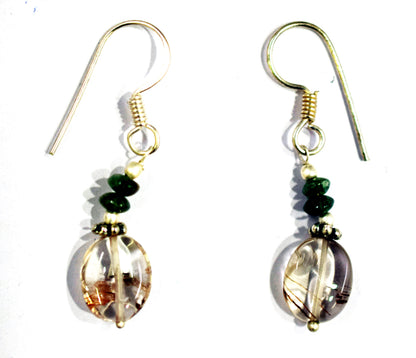 Natural Green Tourmaline Rutilated Quartz Necklace Set, Handmade Beaded Tassel Statement Jewelry, Boho Triangle Pendant Earring Set Gift For Her, BL-4602